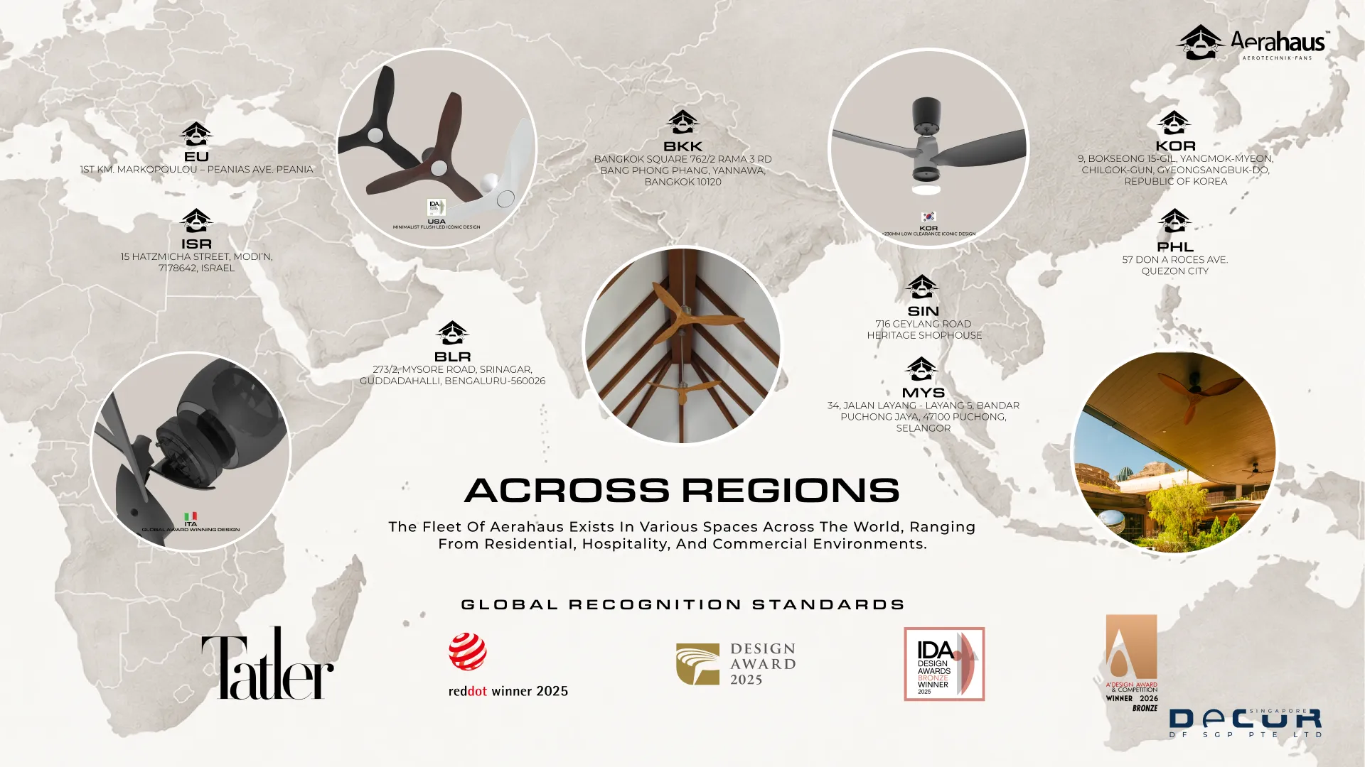 Across Regions: the fleet of Aerahaus exists in various spaces across the world, ranging from residential, hospitality and commercial environments. A map of Aerahaus offices in the EU, Israel, Bengaluru, Bangkok, Singapore, Malaysia, Korea and the Philippines. Global recognition standards: Tatler, Red Dot winner 2025, Golden Pin Design Award 2025, IDA Design Awards Bronze winner 2025, A’ Design Award Bronze winner 2026, Decor Singapore.